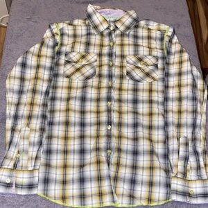 Women's Yellow and Gray Plaid Button Down Shirt